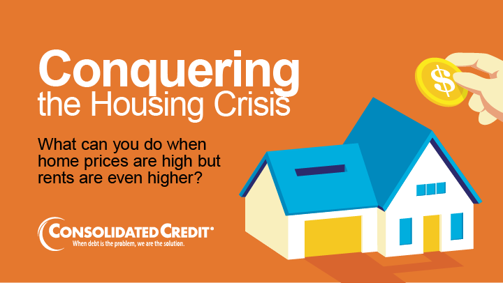 Consolidated Credit April webinar flyer; illustration of a home-shaped coin bank with a hand inserting money.